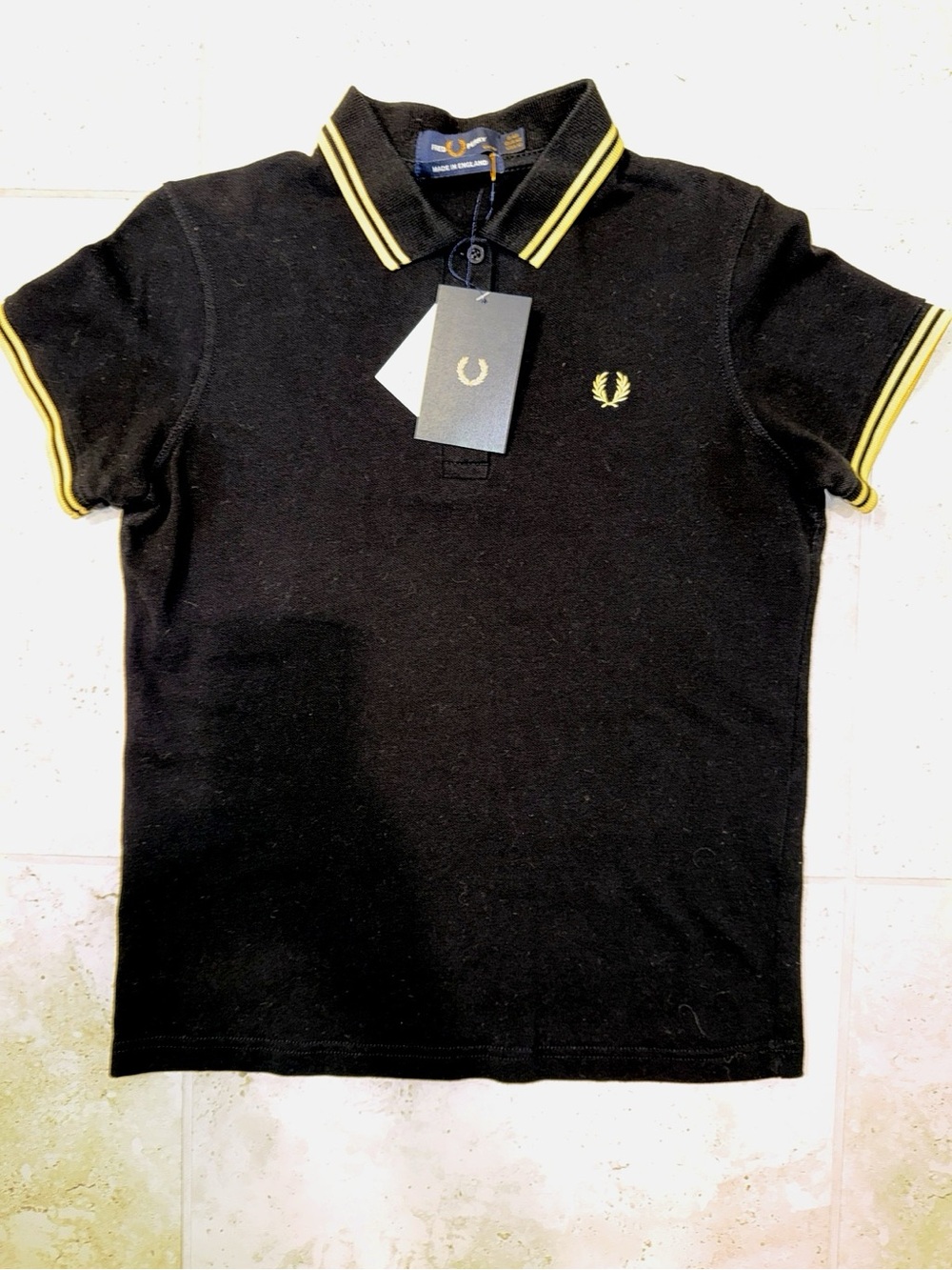 NWT Fred Perry Made In England Black Gold Twin Tipped Polo Shirt Women’s US 10